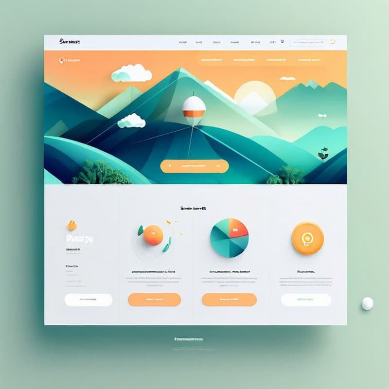 Mockup de diseño web moderno con ilustraciones de montañas y elementos gráficos, mostrando una interfaz limpia y amigable.