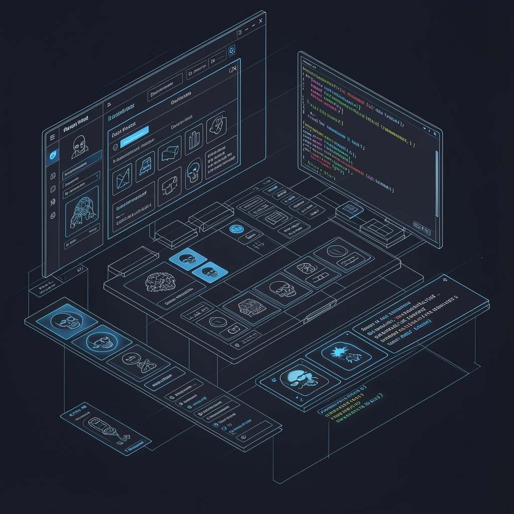 Interfaz de desarrollo de software en modo oscuro mostrando código y arquitectura de plataformas digitales complejas.