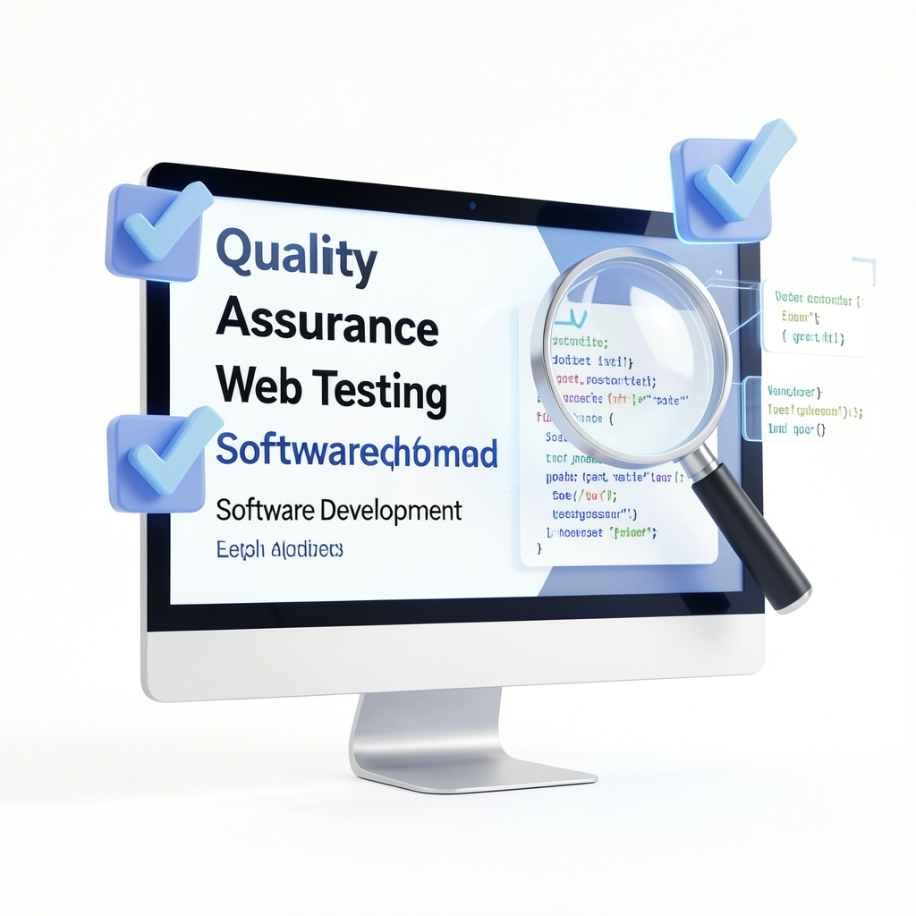 Servicio de QA Testing y revisión de código web con lupa y marcas de verificación sobre un monitor de computadora.
