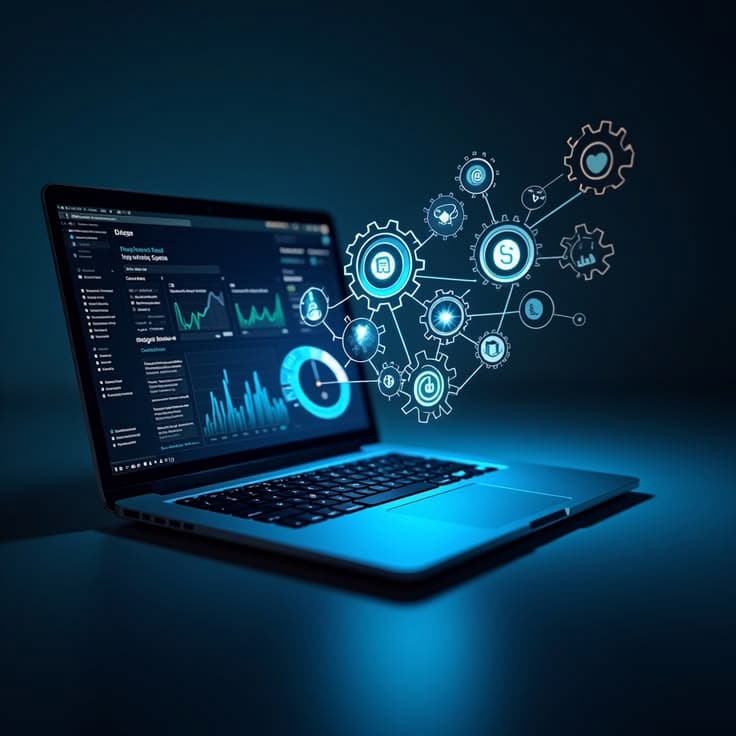 Laptop oscura con hologramas de engranajes e iconos de datos azules flotando, representando el desarrollo de software y conexiones API.